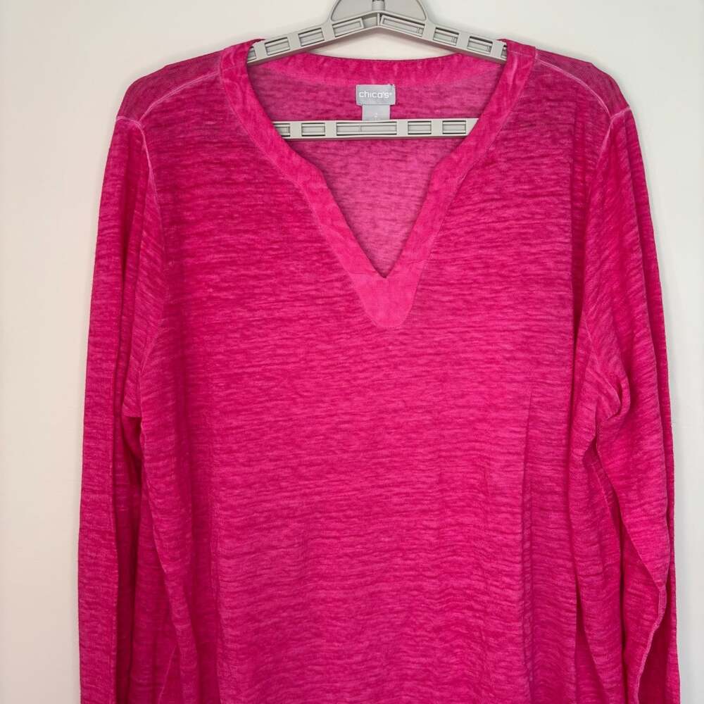 Chico's linen pullover top womens L pink v-neck long sleeve tunic flowy